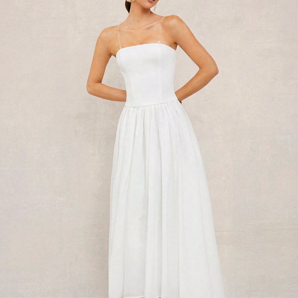 White Boho Women's Beach Vacation Long Dress With Bandeau Top - Picture 1 of 7